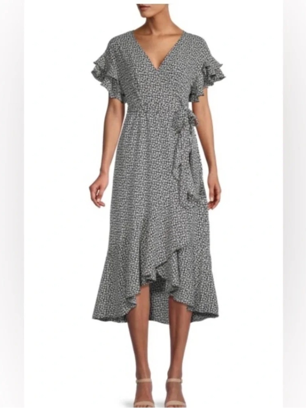 Max Studio Black and White Floral High-Low Wrap Dress